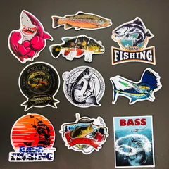 防水ステッカー　10枚セット　『 フィッシング　釣り　トラウト　ブラックバス　魚　FISH 』シールセット　iPhoneやスマホケース、MacBookに最適！　　輸入雑貨　レトロ　.(STK015)