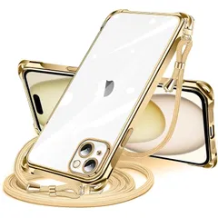 iPhone 15 Plus 用 ケース クリア ショルダー iPhone15plus 用 スマホケース アイフォン15Plus カバー 肩掛け 斜めかけ 縄掛けケース 透明 薄型 軽量 TPU携帯ケース 紐付き 斜めがけ 織りストラップ付き ネックストラ 0