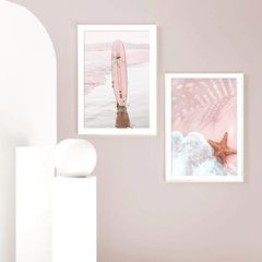 ビーチ ピンク アート ポスター 21×30cm フレームなし 写真 海 サーフボード ヒトデ ひとで 西 海岸 ハワイ カフェ ハワイアン インテリア A4 おしゃれ