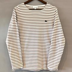 LACOSTE ラコステ 鹿の子 ボートネック ボーダーT ロンTee 長袖カットソー Tee 白 茶 ホワイト ブラウン メンズ サイズ４（ Mサイズ ）