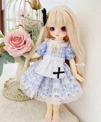 JANAYA ハンドメイド　幼SDサイズ服　水色格子柄ワンピース　4点セット