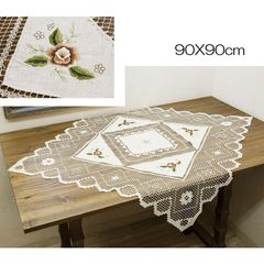 スカニーレース　テーブルクロス　スクエア　90X90cm　生成　花柄刺繍