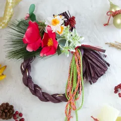 来年用にお得に賢く！！【見切りセール1月末まで】しめ縄飾り　リース型　お花取り外し２way仕様　パープル　幸運を呼び込む開運しめ縄飾り