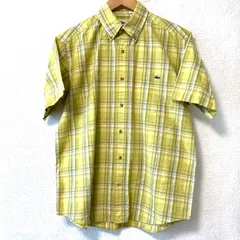日本製◎ (^w^)b LACOSTE ラコステ フルボタン チェック柄 半袖 シャツ コットン100% カジュアル トップス 夏 お出掛け 清潔感  ロゴマーク入り イエロー系 メンズ 男性 サイズ3