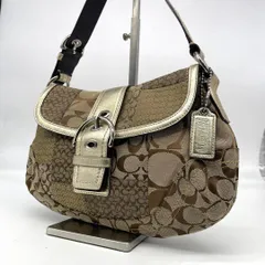 美品<!-利用不可文字-!>COACH コーチ ワンショルダーバッグ ソーホー パッチワーク シグネチャー キャンバス レザー 茶