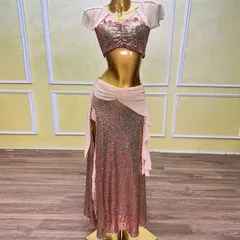 新品未使用 ベリーダンス オリエンタル衣装  トップス スカート オーダーメイド ステージ衣装 スパンコールセットアップ ピンク