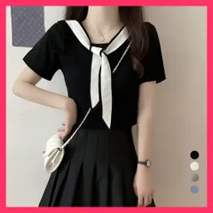 【スタッフおすすめ！】 ボウタイ ニットトップス バイカラー ニットソー春夏/着やせニット配色/リブニット リボン レディース 韓国風サマーニット シンプ おすすめ おしゃれ　かわいい　人気 85YN-900381