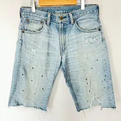 (^w^)b Levi's リーバイス 503 デニムハーフパンツ ショートパンツ 綿100% ダメージ加工 ペイント加工 カットオフ 革パッチ ジーンズ ジーパン アメカジ 古着MIX ライトブルー メンズ サイズW32