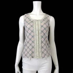 バーバリーブルーレーベル BURBERRY BLUE LABEL キャミソール シャツ ノースリーブ レース 装飾 ノバチェック柄 リボン ロゴ 刺繍 M 38 ライトベージュ 黒 赤 国内正規品 美品