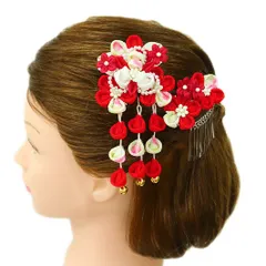 七五三 髪飾り 三歳 七歳 日本髪 つまみ細工 赤 花 2点セット ピンク 白 グラデーション ちりめん 下がり 藤 鈴 ビラ パール No.12-0126