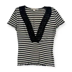 TOMMY HILFIGER トミーヒルフィガー ボーダー レース Vネック カットソー o/ホワイト×ブラック レディース