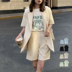 半袖 ジャケット ショートパンツ セット ライトベージュ ブラック  薄手 テーラードジャケット ライトアウター ハーフパンツ セットアップ 韓国 アンサンブル 大人カジュアル 2点セット おしゃれ オフィスカジュアル 通勤 通学 着やせ 6AZNE-001