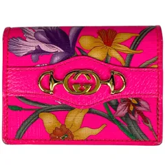 グッチ GUCCI フローラルプリント コンパクトウォレット 花柄 植物 GGロゴ 二つ折り財布 レザー ネオンピンク 536353 レディース 【中古】