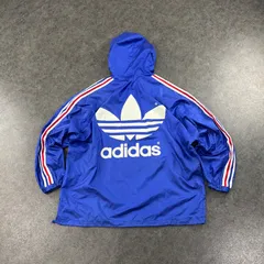 O1 80s 90s Vintage ADIDAS DESCENTE アディダス デサント ナイロン プルオーバー ジャケット トリコロール トレフォイル 大判 プリント ビッグサイズ サイドライン ブルー ヴィンテージ ビンテージ O-XO