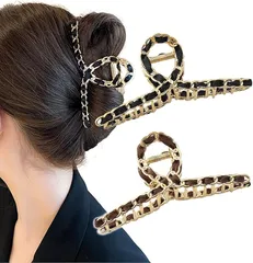 Herbeluemily(ハベルミリィ) ヘアクリップ ヘアクロー ダッカール バンスクリップ 髪留め ゴールド リボン 2個セット(ブラック+ブラウン)