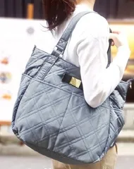 ショルダーストラップ付 2WAYトート型ママバッグ マザーズバッグ マルチトート ショルダー 16ポケット お出かけ 入院 キルティング リボンキルト グレー 7073GRY