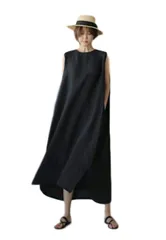 L_ブラック [ロプクス] リネン コットン マキシ ノースリーブ 無地 ワンピース (ブラック, L) 大人 シャツ 大きい サイズ ワン ピース フレア ワンピ aライン aラインワンピース フォーマル レディース ミニ ロング ふんわり 膝丈 カットソー