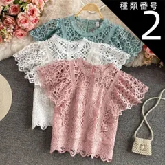 種類2：ピンク/S クロッシェレース モックネック トップス カットソー ニットソー ショート ショート丈 袖あり 半袖 フレンチスリーブ 襟なし レース 刺繍 編み込み 透け感 シースルー かわいい 大人可愛い カジュアル 大人 上品 おしゃれ お洒落 アジ
