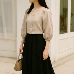 【新品タグ付き♡大人フェミニンな1枚🌼】リビーアンドローズ＊スクエアネック七分袖ブラウス＊ブラウンベージュ系＊フリーサイズ＊ガーリー×上品✨