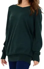 Sleeping Sheep(スリーピング シープ) スリーピングシープ ゆったり ちょいなが Vネック コットン ニット 無地 ロング セーター シンプル チュニック 大きいサイズ レディース(グリーン,  4L-5L)