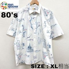 80's US古着 Reyn Spooner アロハ シャツ 半袖 マグロ柄 総柄 リバース
