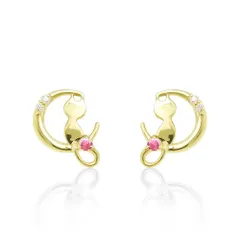 7月 誕生石 ルビー と ダイヤ K10 イエローゴールド の 月と猫 モチーフ ピアス 美輪宝石 ※製作納期約４週間