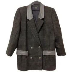 Z1516 【美品】Leilian レリアン　ダブルブレスト　テーラードジャケット　レザートリム　茶系　レディース　９号　レトロ　ヴィンテージ　チェック　オシャレ