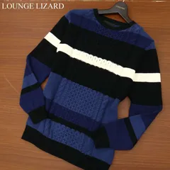 LOUNGE LIZARD ラウンジリザード 秋冬 マルチボーダー★ クルーネック ケーブル コットン ニット セーター Sz.2　メンズ 紺のサムネイル