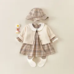 ☆ タイプA ☆ 66cm ☆ ベビー服 長袖 ベビー服 上下セット フォーマル 長袖 赤ちゃん ベビー 子ども服 ロンパース キッズ 子供 女の子 男の子 ワンピース 帽子付き 姉妹 兄弟 出産祝い チェック柄 オシャレ おしゃれ セレモニー かわいい