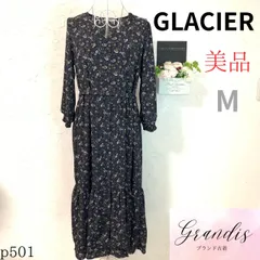 ★美品★ GLACIER グラシア ハニーズ ワンピース 7分袖 ロング 黒 花柄 ウエストリボン 袖口ゴム M