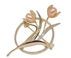 18K RGP ゴールド ダイヤ CZ チューリップ パール ブローチ gx5105