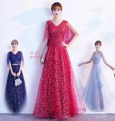 パーティードレス イブニングドレス チュール ワンピース スパンコール付き 星空柄 ロマンチック フ花嫁 コンサート ブライドメイド フォーマル 結婚式 ant4y365717