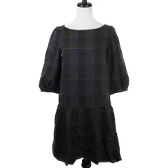 ボンメルスリー BON MERCERIE ワンピース ミニ フレア 七分袖 クルーネック 薄手 ウール チェック 36 紺 ネイビー /T2