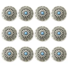 【即日発送】アクセサリー レザークラフト デージー柄 足つき 手芸 メタルボタン 30mm ターコイズ (タイプB) 12個セット ボタン コンチョ