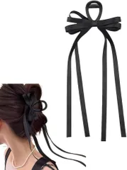 Liebendo ロングリボン バレッタ ヘアクリップ バンスクリップ サテンリボン 滑り止めコーム付 髪留め レディース 大人可愛い 大容量ホールド フォーマル・パーティー・卒業式・浴衣対応(ブラック)