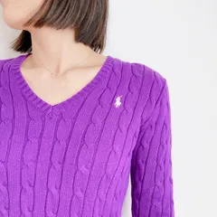 【新規フォロワー様限定★10%オフクーポン配布中!!】〔大人気〕 POLO Ralph Lauren ラルフローレン ワンポイントロゴ ケーブル コットン ニット Vネック セーター パープル