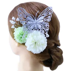 髪飾り 成人式 振袖 浴衣 卒業式 袴 結婚式 4点セット 銀 白 緑 蝶 花 和 洋 かんざし 手作り 簪 つまみ細工 ちりめんフォーマル 花飾り 玉飾り ブライダル W28 303-225 緑 r746　Si