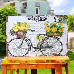 ブリキ看板 F006 自転車にバラ 花 フワラー 植物 カラフル レトロ プレート ガーデニング インテリア おしゃれ 玄関 庭 ウエルカムボード デザインプレート ブリキプレート 薄型 軽量 アンティーク カフェアクセント 装飾 おしゃれ