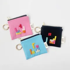 おもちゃみたいなパズルブロックのミニポーチ・カラビナ付き　リネン×ピンク・水色・ブラック