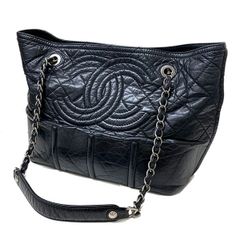 シャネル ヴィンテージカーフ トートバッグ 黒 ソフトレザー CHANEL チェーンショルダーバッグ ビッグ ココマーク ブランド【中古】