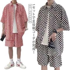 柄シャツ セットアップ メンズ 半袖 シャツ ショートパンツ ハーフパンツ 2点セット チェッカーフラッグ柄 ゆったり 大きいサイズ 夏 海 川 リゾ