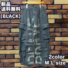 【プリント入りタクティカル2wayカーゴパンツ】デニム ワイドシルエット カーゴ スプレー加工 汚し加工 ショーツ ストリート  ルーズサイズ ユニセックス メンズ レディース 男女兼用 ペアルック ブラック BLACK 800745 新品未使用 送料込み