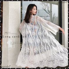 ロングカーディガン 白 レディース 7分袖透かし編み ビーチカーディガン レーストップス 薄手春夏ロングシャツブラウス ゆったり UV対策 おしゃれ ビーチウエア着やせ リゾート羽織 夏 カーディ 冷房対策 ノーカラー白ロングカーディガン