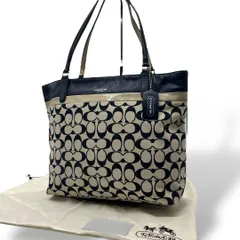 COACH トートバッグ キャンバス シグネチャー レザー ネイビー A4