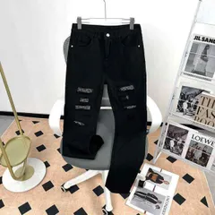 メンズ ファッション 服 男性用 オシャレ シンプル 大人 かっこいい 大きいサイズ ストリート 紳士服 夏 アメリカン フレア ブラック ジーンズ レトロ ダメージ 加工 ストレート レッグ ワイド パンツ 