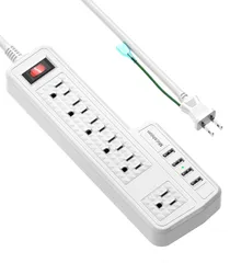 【数量限定】(ホワイト) オフィス/家庭給電用 2m延長コード 過負荷保護 雷ガード 急速充電可能 6AC充電口（110-240V）＋4USBポート（3.4A/5V）壁取付用固定フック 個別スイッチ コンセント USB電源タップ Micshion