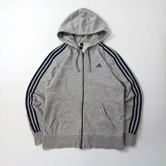 adidas アディダス フルジップ パーカー フーディー グレー スリーストライプス L相当 ロゴプリント スウェット