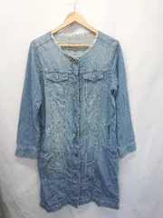 ◇ Θ しまむら ノーカラー デニム調 長袖 膝下丈 シャツ ワンピース サイズLL ブルー レディース E  【1503040004056】