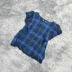 ☆☆【良品】GLOBAL WORK  グローバルワーク  チェック柄  半袖カットソー  フリル  (L)  カジュアル  ガーリー  レディース  青系  ブルー【送料無料】　リネン 麻 100%