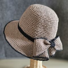 サマーハット：春夏用・リボン《グレージュ×ブラック》ハンドメイド